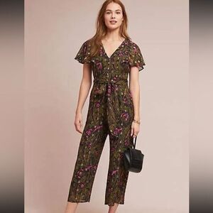Anthropologie Ett Twa Brenda Jumpsuit Dark Floral Metallic Size 0 Party